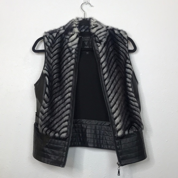 Black and White faux Fur Vest.Synthetic Leather. - Picture 2 of 5